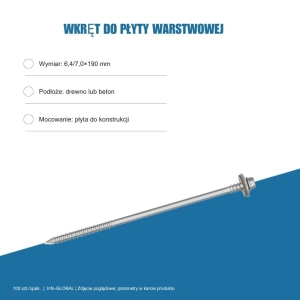 Wkręt do płyty warstwowej Info-GLOBAL ARW 0 CSG 6,4/7,0×190 mm, bez lakieru, 100 szt. Wkręt do płyty warstwowej Info-GLOBAL ARW 0 CSG 6,4/7,0×190 mm, bez lakieru, 100 szt.